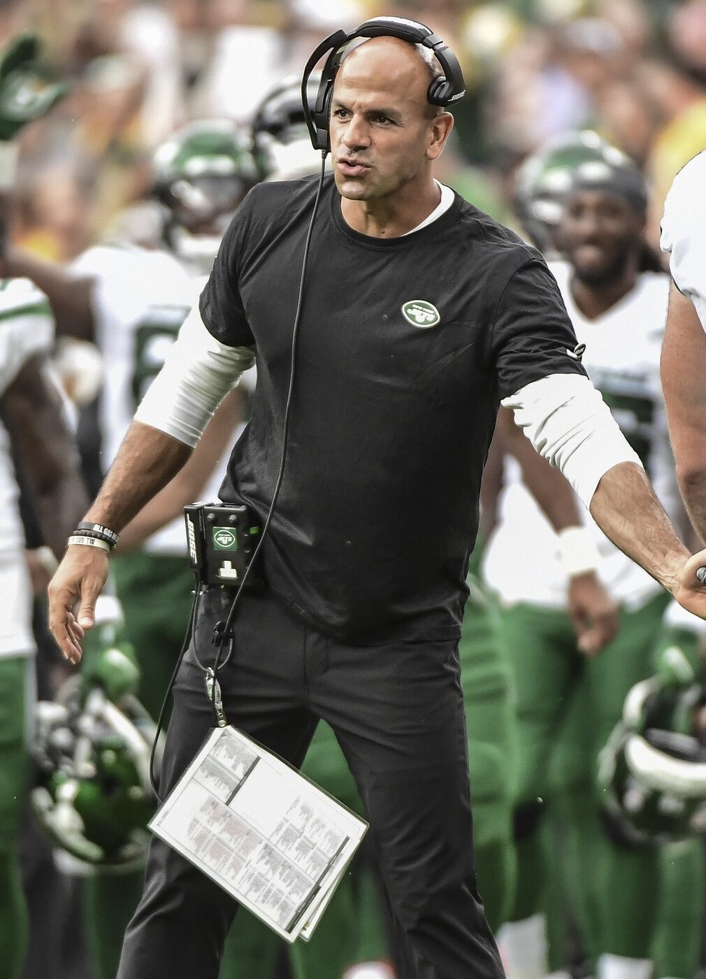 Aug 21, 2021; Green Bay, Wisconsin, USA; New York Jets head coach Robert Saleh reacts on the sidelines during the game against the Green Bay Packers at Lambeau Field. Mandatory Credit: Benny Sieu-Imagn Images