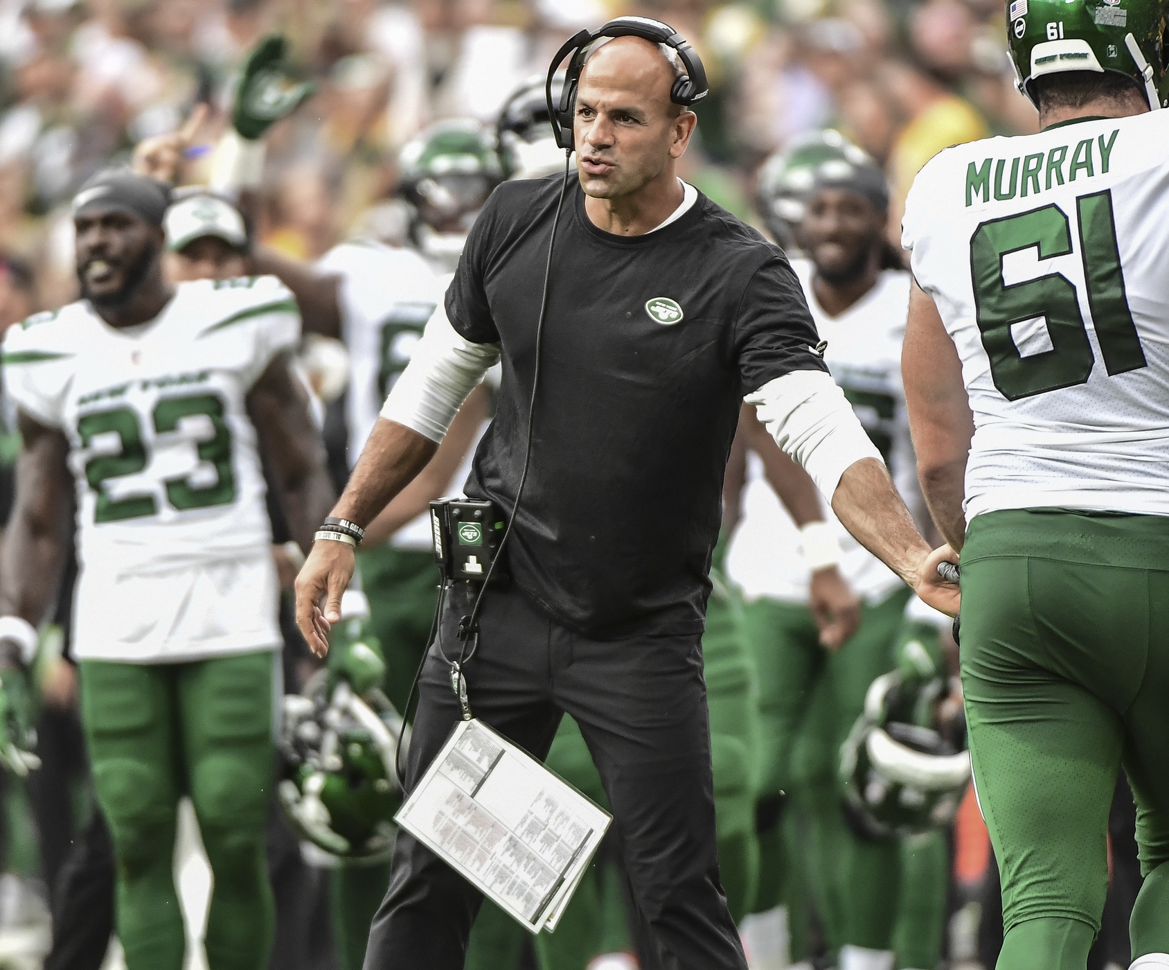 Packers Fans React To Coach Interviewing For 49ers Position (Report) 3 Aug 21, 2021; Green Bay, Wisconsin, USA; New York Jets head coach Robert Saleh reacts on the sidelines during the game against the Green Bay Packers at Lambeau Field. Mandatory Credit: Benny Sieu-Imagn Images