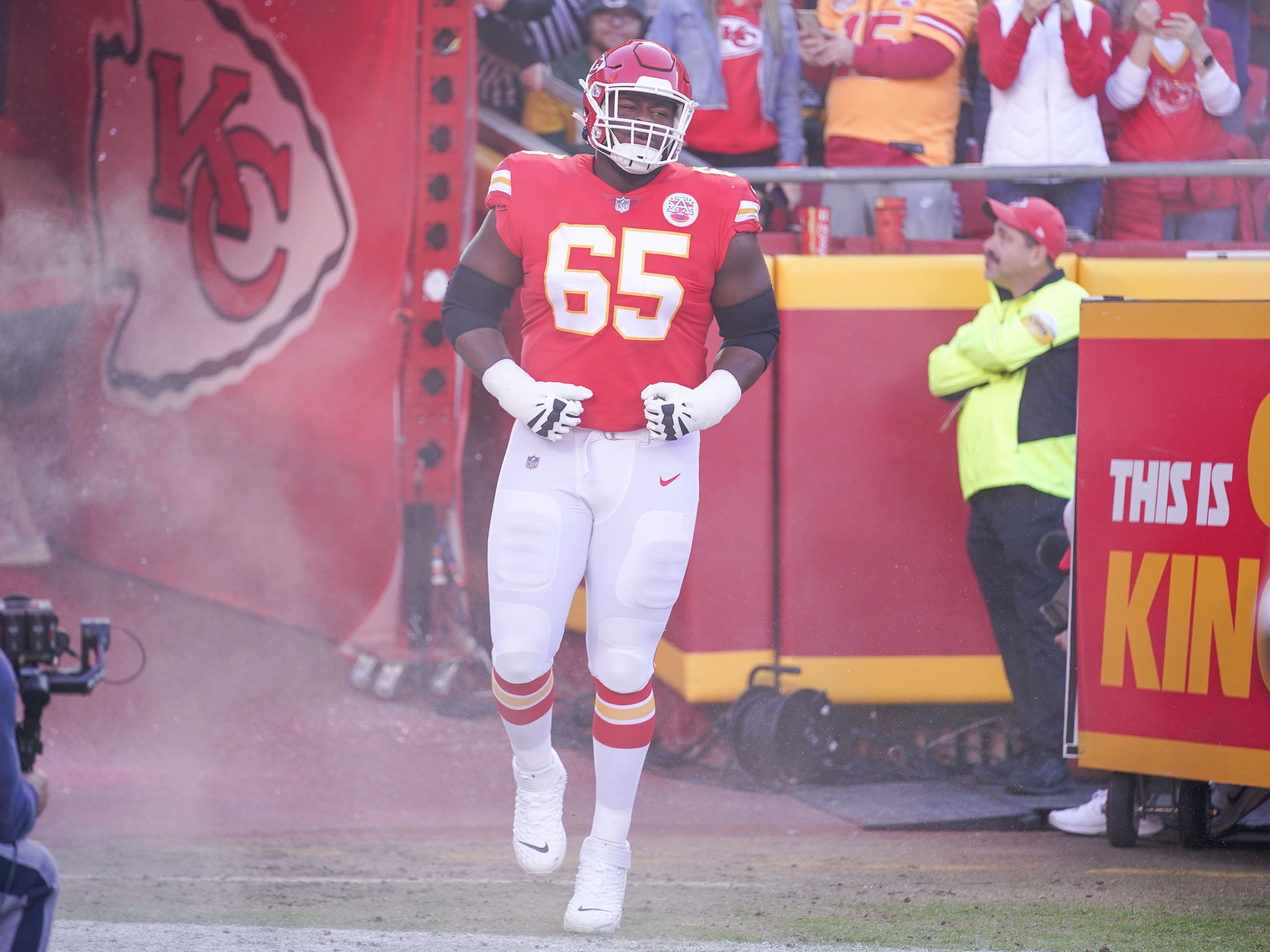 Nov 7, 2021; Kansas City, Missouri, USA; Kansas City Chiefs guard Trey Smith (65) is introduced against the Green Bay Packers before the game at GEHA Field at Arrowhead Stadium. Mandatory Credit: Denny Medley-Imagn Images