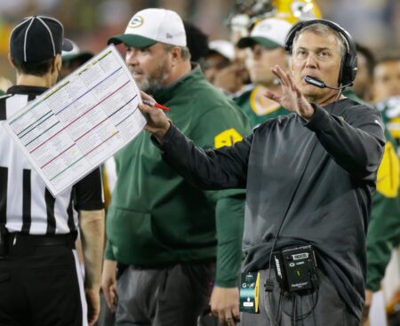 Green Bay Packers associate head coach/offense Tom Clements is shown during their preseason game against the Philadelphia Eagles Saturday, August 29, 2015 at Lambeau Field in Green Bay, Wis.