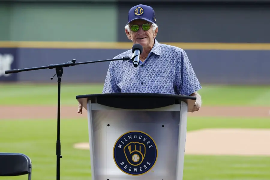 Aug 5, 2022; Milwaukee, Wisconsin, USA; Milwaukee Brewers radio announcer Bob Uecker speak during a ceremony honoring the 1982 Milwaukee Brewers team prior to the game against the Cincinnati Reds at American Family Field. Mandatory Credit: Jeff Hanisch-Imagn Images