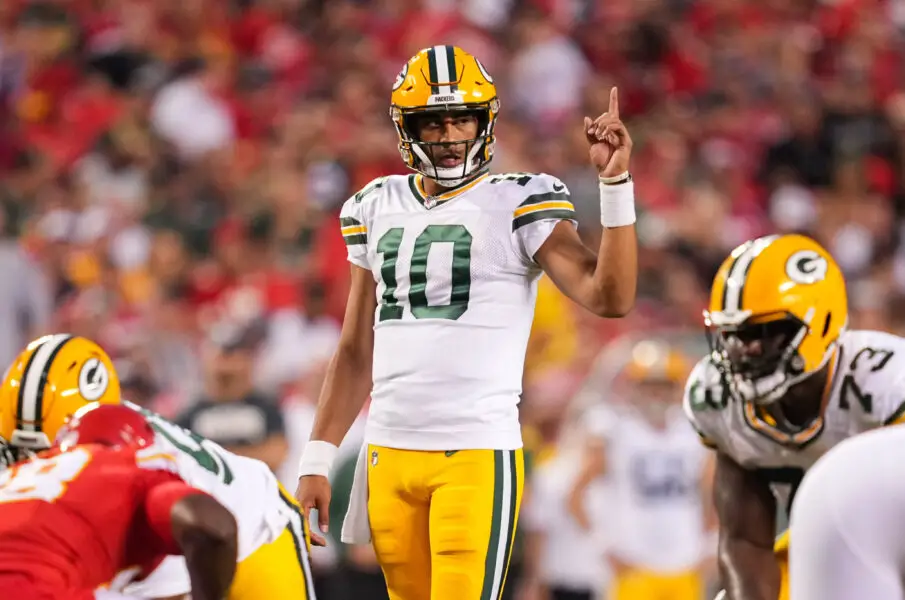 Aug 25, 2022; Kansas City, Missouri, USA; Green Bay Packers quarterback Jordan Love (10) signals to the offense during the first half against the Kansas City Chiefs at GEHA Field at Arrowhead Stadium. Mandatory Credit: Jay Biggerstaff-Imagn Images