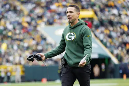 Oct 16, 2022; Green Bay, Wisconsin, USA; Green Bay Packers head coach Matt LaFleur reacts to a call during the fourth quarter against the New York Jets at Lambeau Field. Mandatory Credit: Jeff Hanisch-Imagn Images