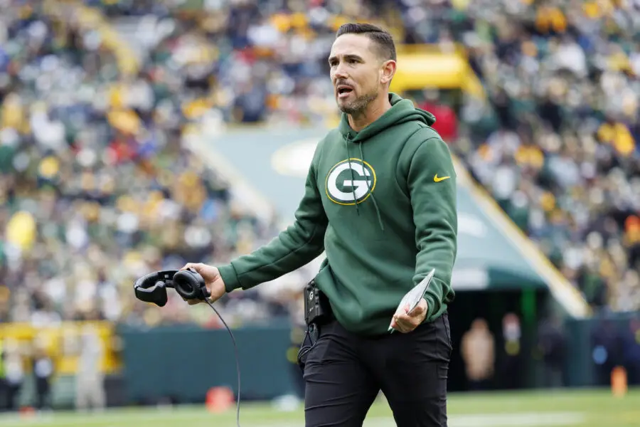 Oct 16, 2022; Green Bay, Wisconsin, USA; Green Bay Packers head coach Matt LaFleur reacts to a call during the fourth quarter against the New York Jets at Lambeau Field. Mandatory Credit: Jeff Hanisch-Imagn Images