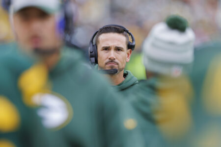 Oct 16, 2022; Green Bay, Wisconsin, USA; Green Bay Packers head coach Matt LaFleur during the game against the New York Jets at Lambeau Field. Mandatory Credit: Jeff Hanisch-Imagn Images