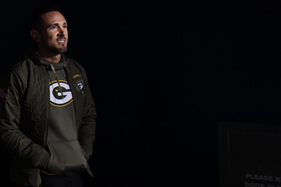 Nov 27, 2022; Philadelphia, Pennsylvania, USA; Green Bay Packers head coach Matt LaFleur walks out of the tunnel against the Philadelphia Eagles at Lincoln Financial Field. Mandatory Credit: Eric Hartline-Imagn Images