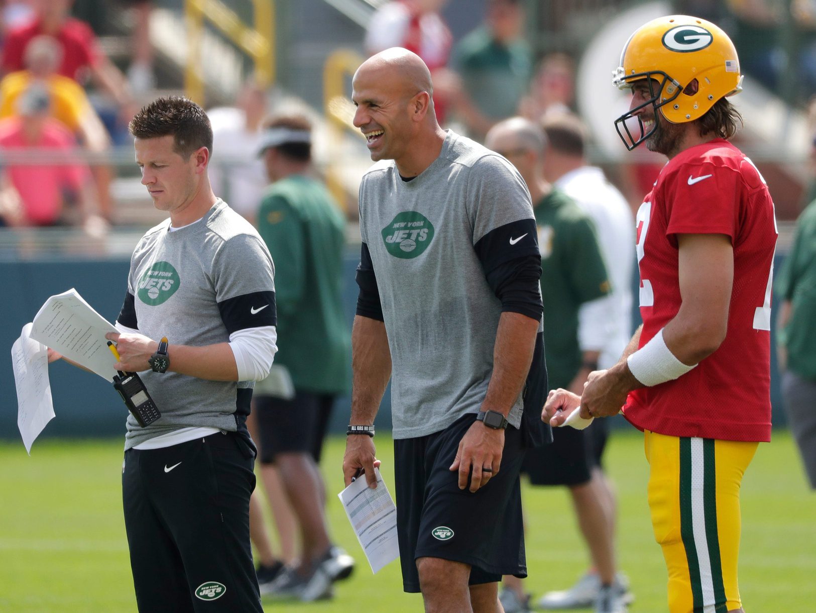 Packers Fans React To Coach Interviewing For 49ers Position (Report) 1 Jets offensive coordinator Mike LaFleur, left, head coach Robert Saleh and Packers quarterback Aaron Rodgers (12) participate in a joint training camp practice at Ray Nitschke Field on Wednesday. © Dan Powers / USA TODAY NETWORK-Wisconsin / USA TODAY NETWORK