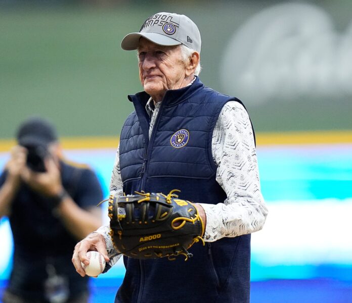 Brewers radio announcer Bob Uecker throws the ceremonial first pitch for the wildcard playoff game between the Milwaukee Brewers and the Arizona Diamondbacks on Tuesday October 3, 2023 at American Family Field in Milwaukee, Wis. © Jovanny Hernandez / Milwaukee Journal Sentinel / USA TODAY NETWORK