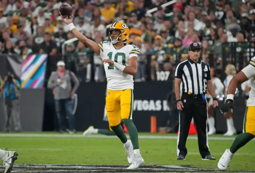 Oct 9, 2023; Paradise, Nevada, USA; Green Bay Packers quarterback Jordan Love (10) passes the ball against the Las Vegas Raiders in the first half at Allegiant Stadium. Mandatory Credit: Kirby Lee-Imagn Images