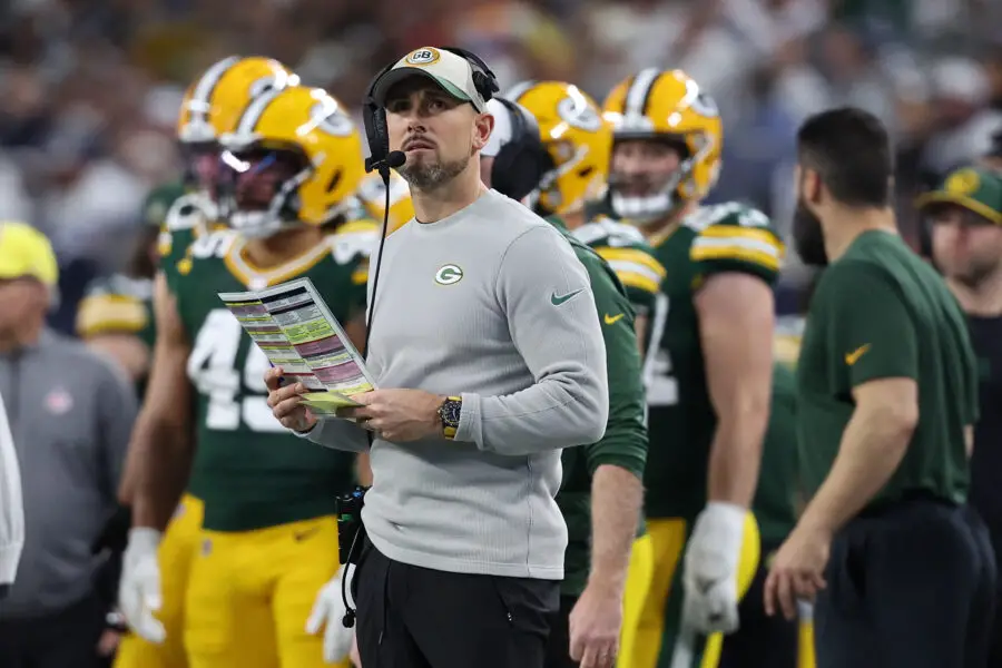 Jan 14, 2024; Arlington, Texas, USA; Green Bay head coach Matt LaFleur in the first half of the 2024 NFC wild card game against the Dallas Cowboys at AT&T Stadium. Mandatory Credit: Kevin Jairaj-Imagn Images