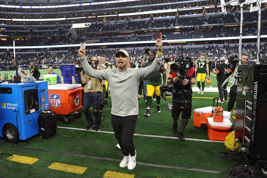 Jan 14, 2024; Arlington, Texas, USA; Green Bay head coach Matt LaFleur reacts after the game for the 2024 NFC wild card game at AT&T Stadium. Mandatory Credit: Tim Heitman-Imagn Images