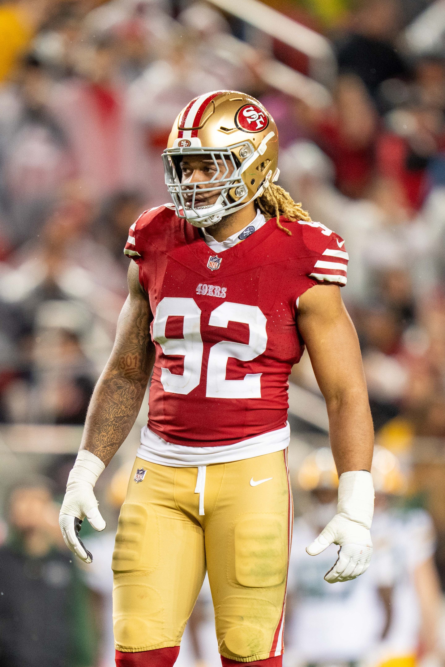 January 20, 2024; Santa Clara, CA, USA; San Francisco 49ers defensive end Chase Young (92) during the fourth quarter in a 2024 NFC divisional round game against the Green Bay Packers at Levi's Stadium. Mandatory Credit: Kyle Terada-Imagn Images