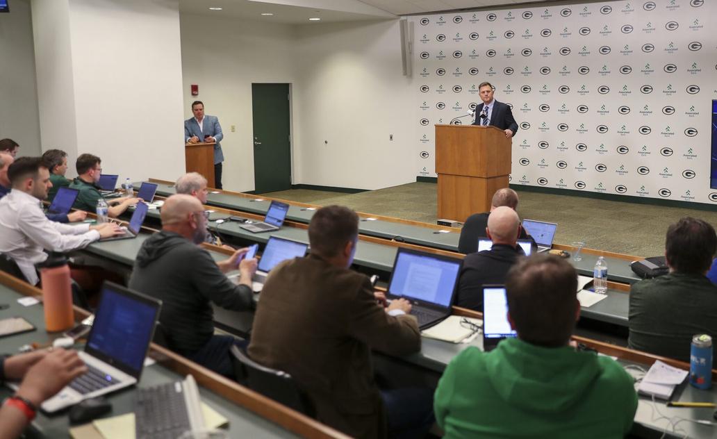 Green Bay Packers general manager Brian Gutekunst addresses the media after the first round of the 2024 NFL draft on Tuesday, April 23, 2024, at Lambeau Field in Green Bay, Wis. The Packers selected Arizona offensive tackle Jordan Morgan with the 25th pick. Tork Mason/USA TODAY NETWORK-Wisconsin