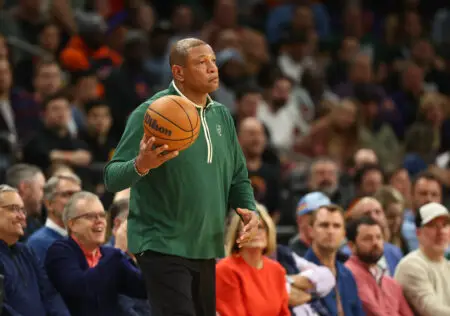 Feb 6, 2024; Phoenix, Arizona, USA; Milwaukee Bucks head coach Doc Rivers against the Phoenix Suns at Footprint Center. Mandatory Credit: Mark J. Rebilas-Imagn Images