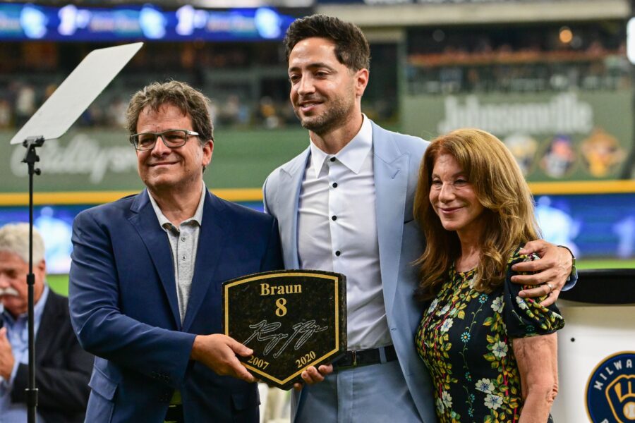 Brewers Chairman and Principal Owner Mark Attanasio and his wife, Debbie, presented Ryan Braun with a plaque