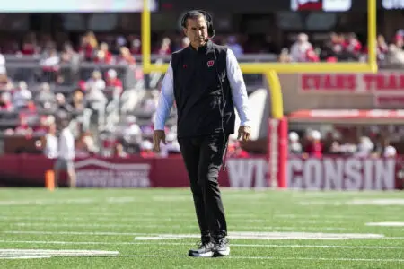 Sep 7, 2024; Madison, Wisconsin, USA; Wisconsin Badgers head coach Luke Fickell during the game against the South Dakota Coyotes at Camp Randall Stadium. Mandatory Credit: Jeff Hanisch-Imagn Images