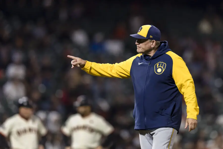 Sep 11, 2024; San Francisco, California, USA; Milwaukee Brewers manager Pat Murphy (21) gestures after a pitching change during the sixth inning of the game against the San Francisco Giants at Oracle Park. Mandatory Credit: John Hefti-Imagn Images