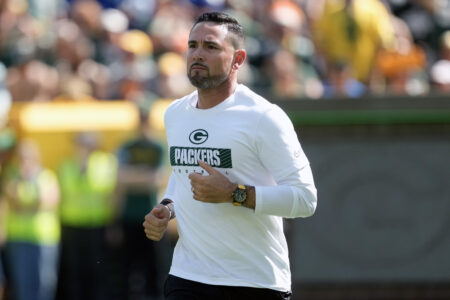 Sep 15, 2024; Green Bay, Wisconsin, USA; Green Bay Packers head coach Matt LaFleur prior to the game against the Indianapolis Colts at Lambeau Field. Mandatory Credit: Jeff Hanisch-Imagn Images