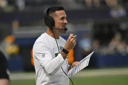 Oct 6, 2024; Inglewood, California, USA; Green Bay Packers head coach Matt LaFleur on the sidelines during the first quarter against the Los Angeles Rams at SoFi Stadium. Mandatory Credit: Robert Hanashiro-Imagn Images