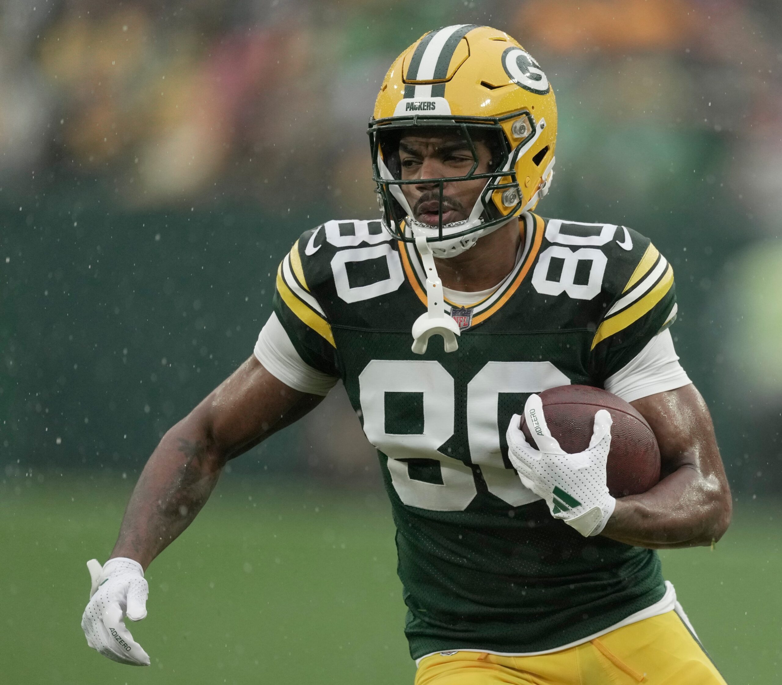 Green Bay Packers wide receiver Bo Melton (80) is shown during the first quarter of their game Sunday, October 13, 2024 at Lambeau Field in Green Bay, Wisconsin. The Green Bay Packers beat the Arizona Cardinals 34-13. © Mark Hoffman/Milwaukee Journal Sentinel / USA TODAY NETWORK via Imagn Images