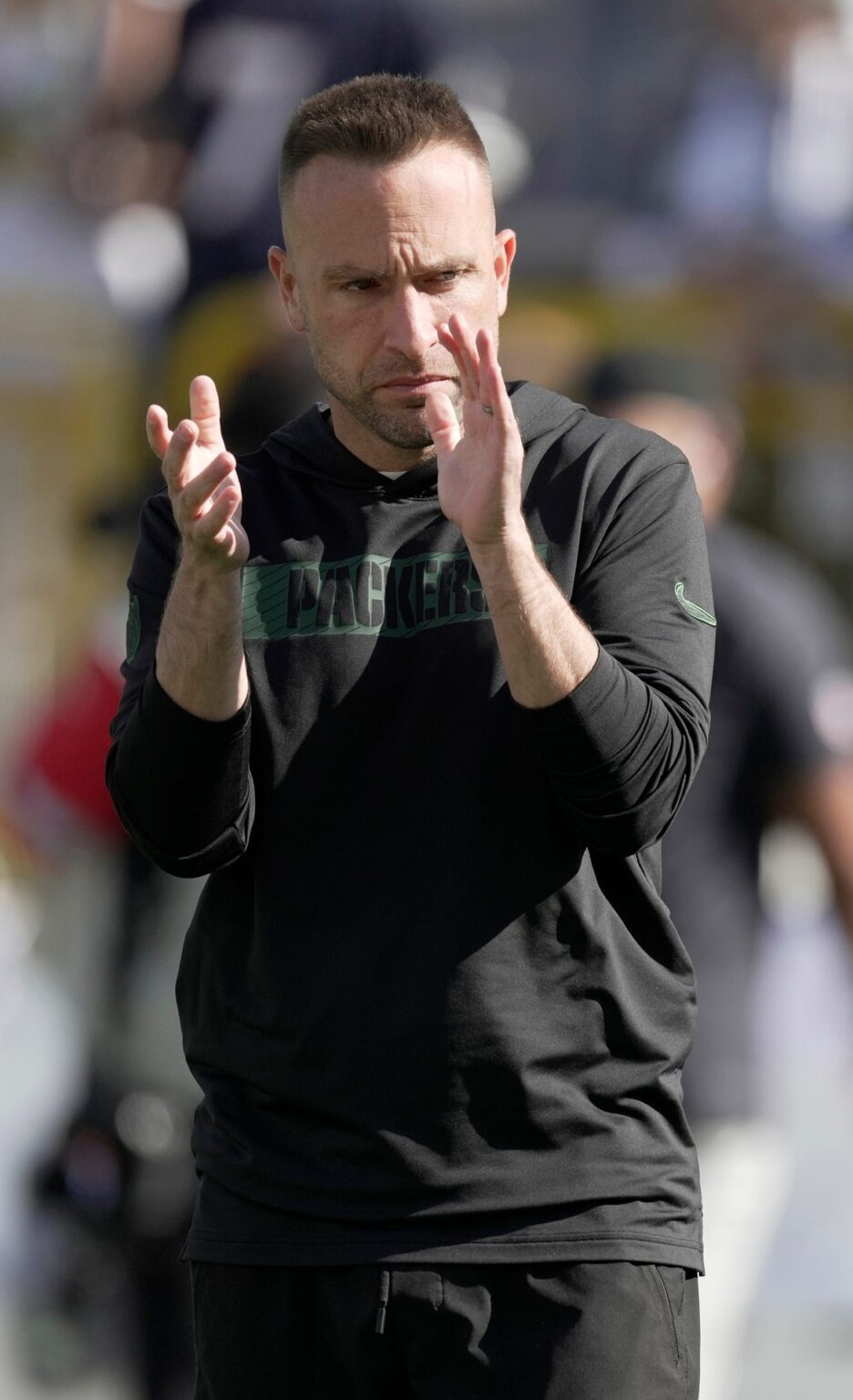 Green Bay Packers defensive coordinator Jeff Hafley is shown before their game
