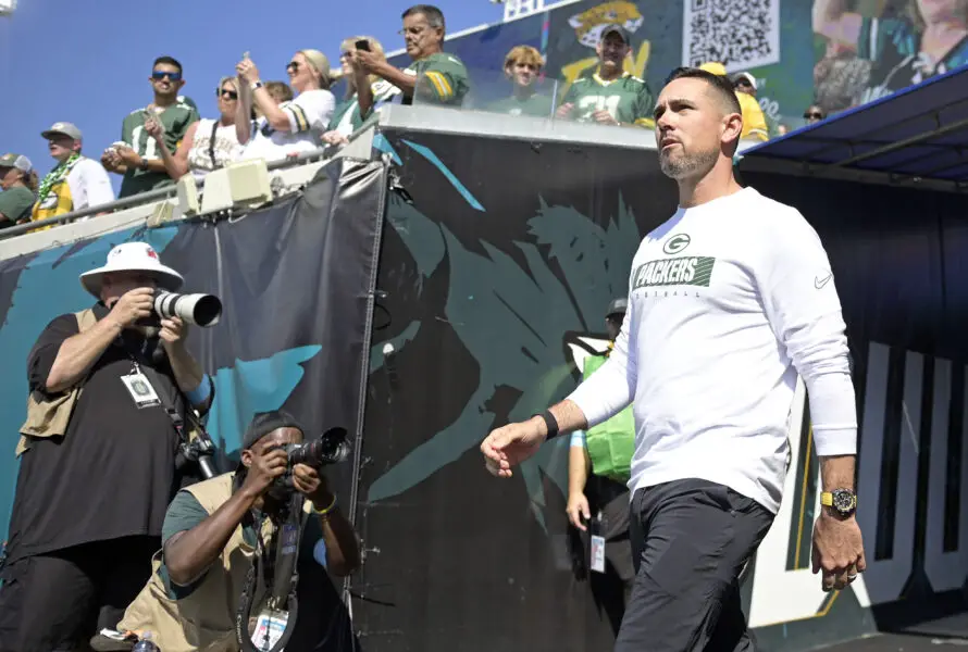 Oct 27, 2024; Jacksonville, Florida, USA; Green Bay Packers head coach Matt LaFleur takes the field before the game against the Jacksonville Jaguars at EverBank Stadium. Mandatory Credit: Melina Myers-Imagn Images