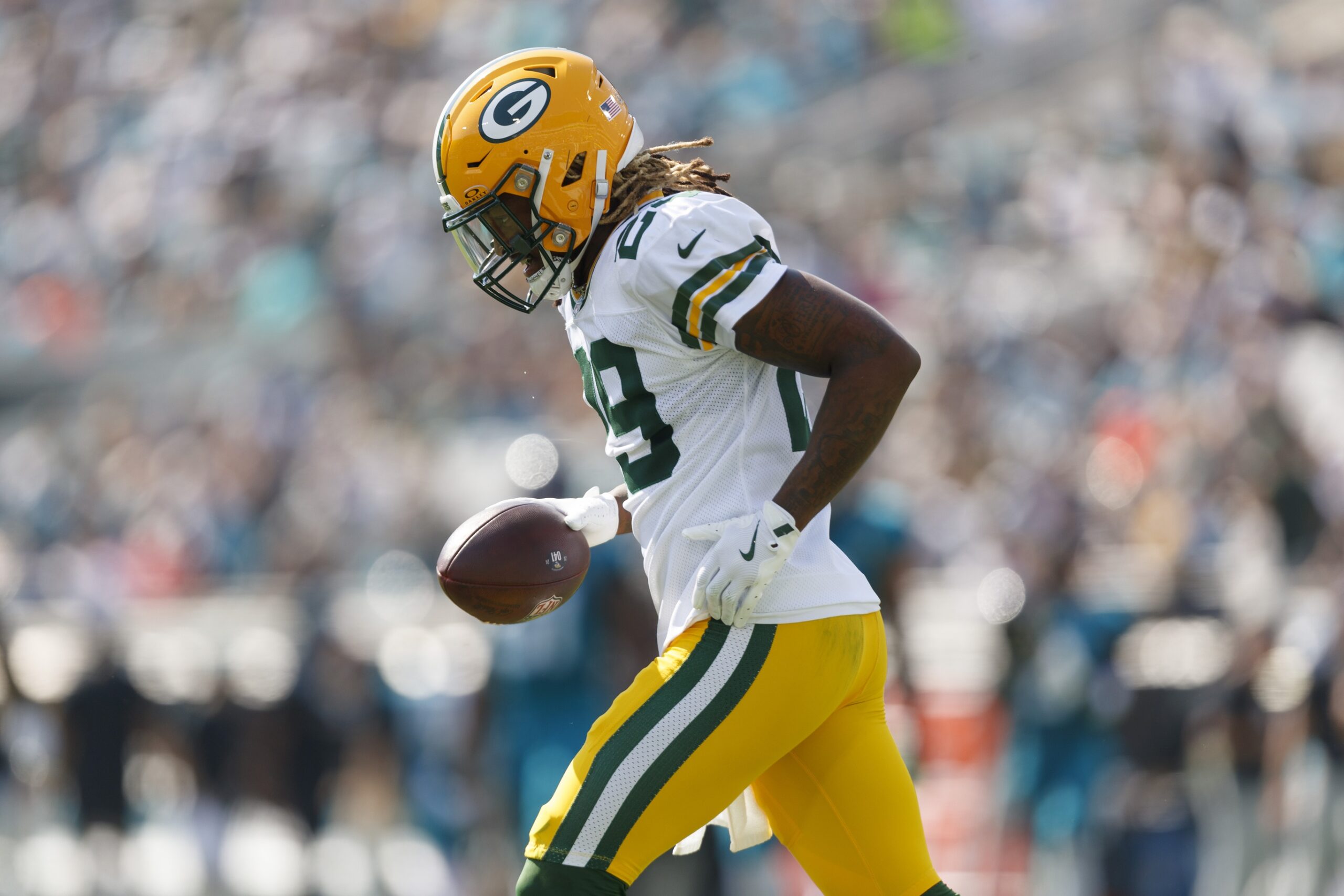 Oct 27, 2024; Jacksonville, Florida, USA; Green Bay safety McKinney (29) celebrates an interception against the Jacksonville Jaguars during the second quarter at EverBank Stadium. Mandatory Credit: Morgan Tencza-Imagn Images