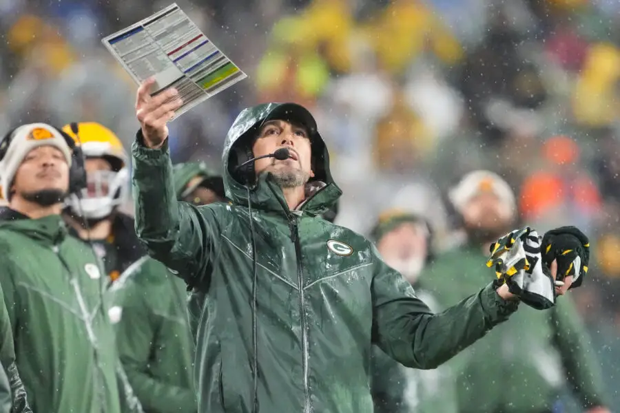 Nov 3, 2024; Green Bay, Wisconsin, USA; Green Bay Packers head coach Matt LaFleur reacts to a call during the fourth quarter against the Detroit Lions at Lambeau Field. Mandatory Credit: Jeff Hanisch-Imagn Images