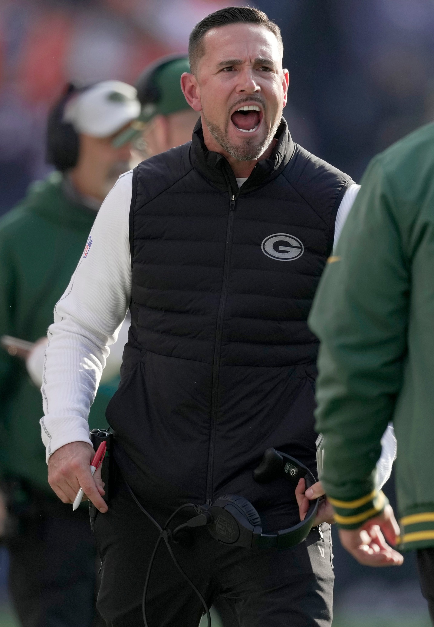 Green Bay Packers head coach Matt LaFleur reacts after calling a time out during the third quarter of their game Sunday, November 17, 2024 at Solider Field in Chicago, Illinois. The Green Bay Packers beat the Chicago Bears 20-19. © Mark Hoffman/Milwaukee Journal Sentinel / USA TODAY NETWORK via Imagn Images