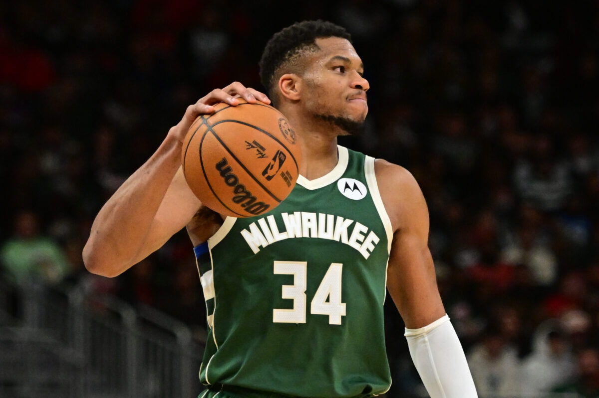 Nov 20, 2024; Milwaukee, Wisconsin, USA; Milwaukee Bucks forward Giannis Antetokounmpo (34) reacts in the third quarter against the Chicago Bulls at Fiserv Forum. Mandatory Credit: Benny Sieu-Imagn Images