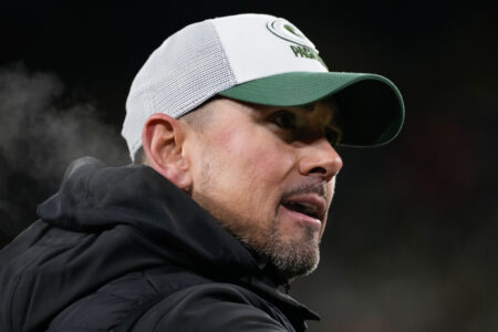 Nov 28, 2024; Green Bay, Wisconsin, USA; Green Bay Packers head coach Matt LaFleur looks on from the sidelines during the fourth quarter against the Miami Dolphins at Lambeau Field. Mandatory Credit: Jeff Hanisch-Imagn Images