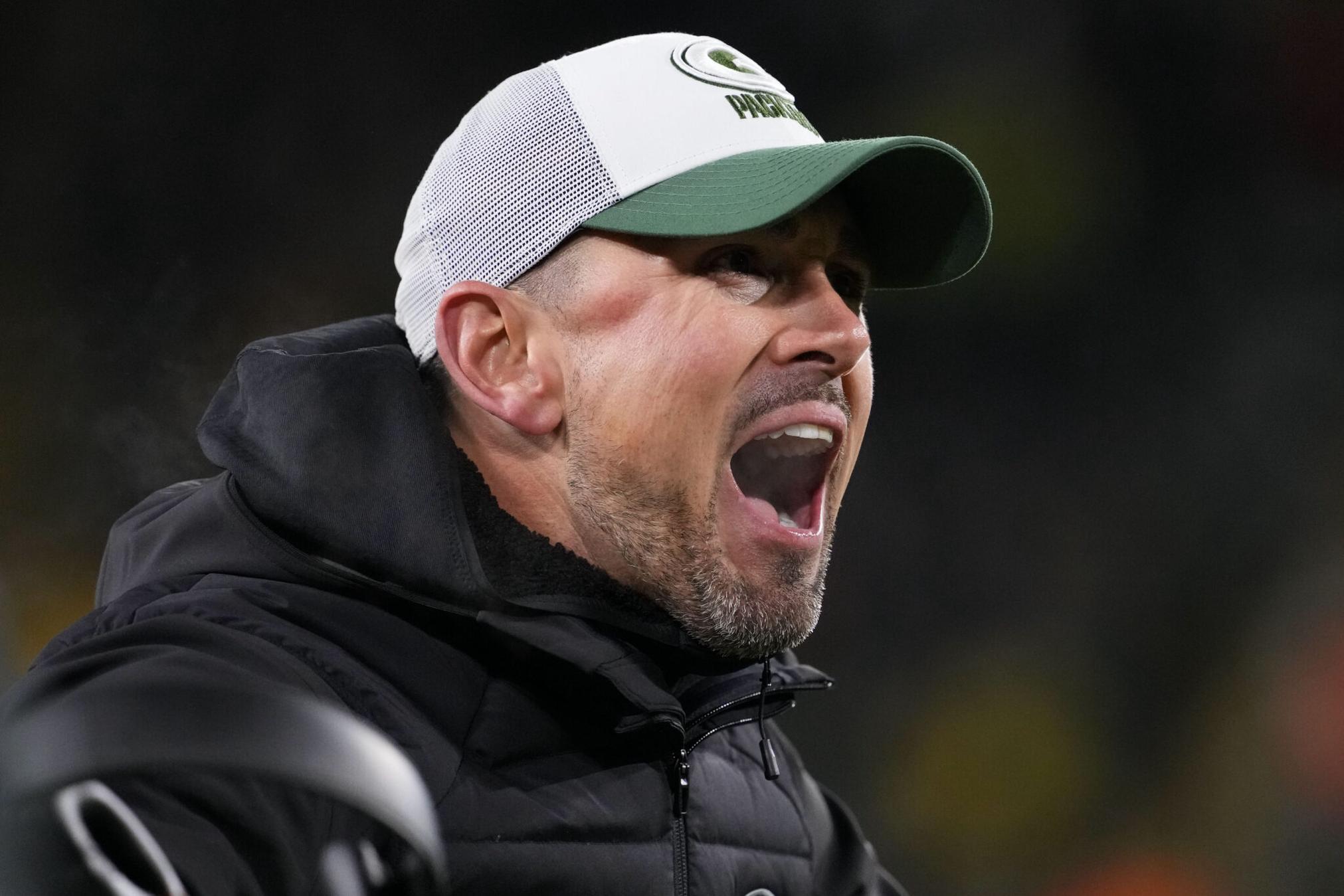 Nov 28, 2024; Green Bay, Wisconsin, USA; Green Bay Packers head coach Matt LaFleur reacts to a call during the fourth quarter against the Miami Dolphins at Lambeau Field. Mandatory Credit: Jeff Hanisch-Imagn Images