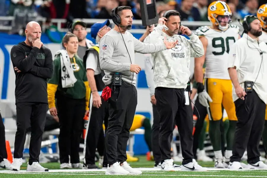 Green Bay Packers head coach Matt LaFleur reacts to a play against Detroit Lions during the second half at Ford Field in Detroit on Thursday, Dec. 5, 2024. © Junfu Han / USA TODAY NETWORK via Imagn Images