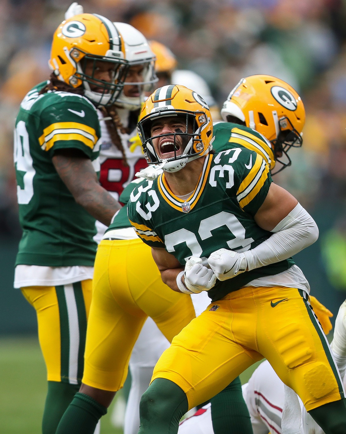 Green Bay Packers safety Evan Williams (33) celebrates after forcing a fumble against the Arizona Cardinals on Sunday, October 13, 2024, at Lambeau Field in Green Bay, Wis. The Packers won the game, 34-13 Tork Mason/USA TODAY NETWORK-Wisconsin