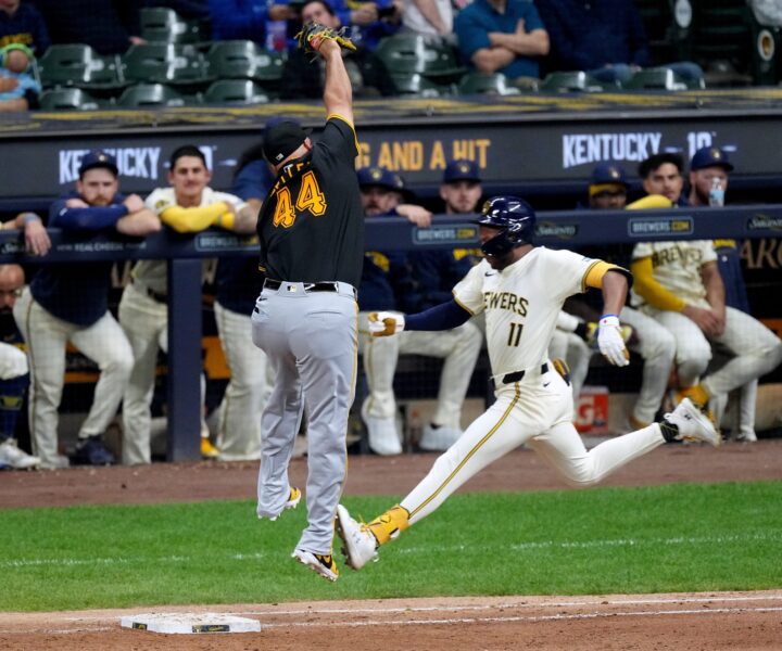 Milwaukee Brewers Jackson Chourio (11) and Rowdy Tellez (44)