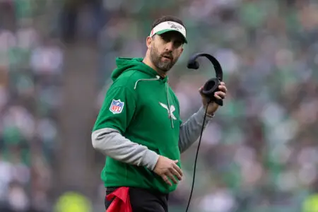 Dec 29, 2024; Philadelphia, Pennsylvania, USA; Philadelphia Eagles head coach Nick Sirianni looks on during the fourth quarter against the Dallas Cowboys at Lincoln Financial Field. Mandatory Credit: Bill Streicher-Imagn Images