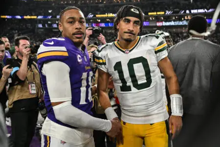 Dec 29, 2024; Minneapolis, Minnesota, USA; Minnesota Vikings wide receiver Justin Jefferson (18) and Green Bay Packers quarterback Jordan Love (10) gather after the game at U.S. Bank Stadium. Mandatory Credit: Jeffrey Becker-Imagn Images