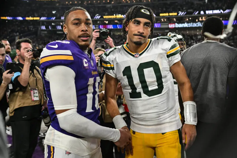 Dec 29, 2024; Minneapolis, Minnesota, USA; Minnesota Vikings wide receiver Justin Jefferson (18) and Green Bay Packers quarterback Jordan Love (10) gather after the game at U.S. Bank Stadium. Mandatory Credit: Jeffrey Becker-Imagn Images