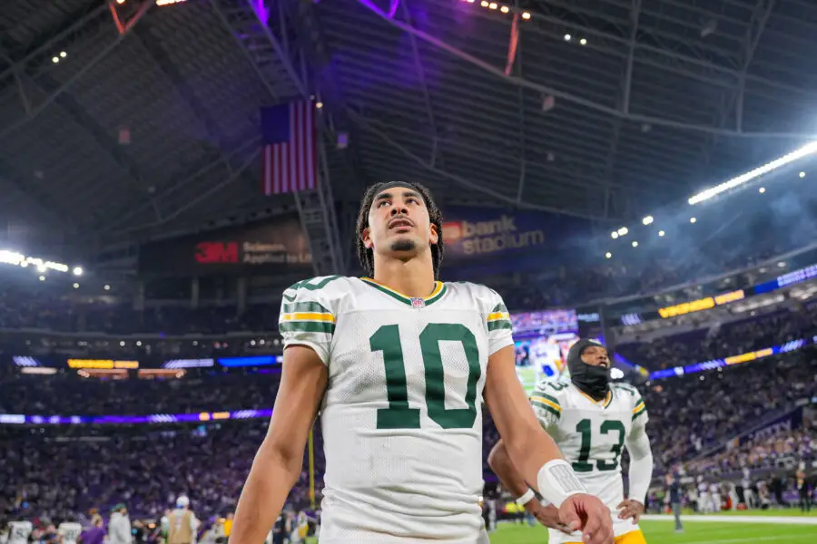 Dec 29, 2024; Minneapolis, Minnesota, USA; Green Bay Packers quarterback Jordan Love (10) leaves the field after the game against Minnesota Vikings at U.S. Bank Stadium. Mandatory Credit: Brad Rempel-Imagn Images