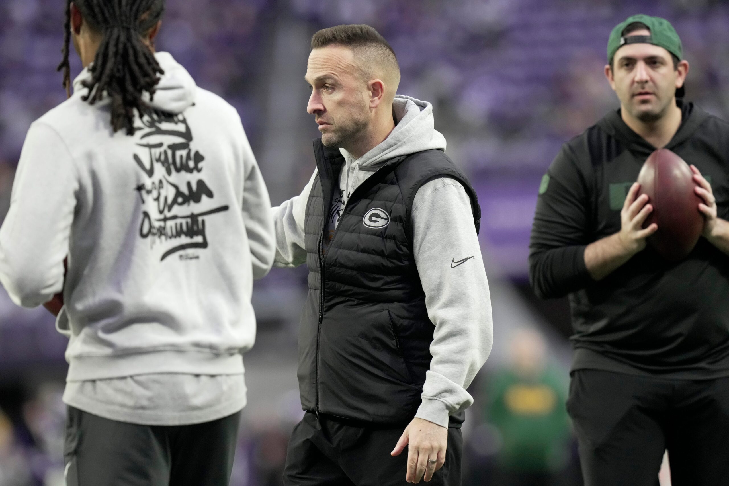 Green Bay Packers defensive coordinator Jeff Hafley is shown before their game Sunday, December 29, 2024 at U.S. Bank Stadium in Minneapolis, Minnesota. The Minnesota Vikings beat the Green Bay Packers 27-25.