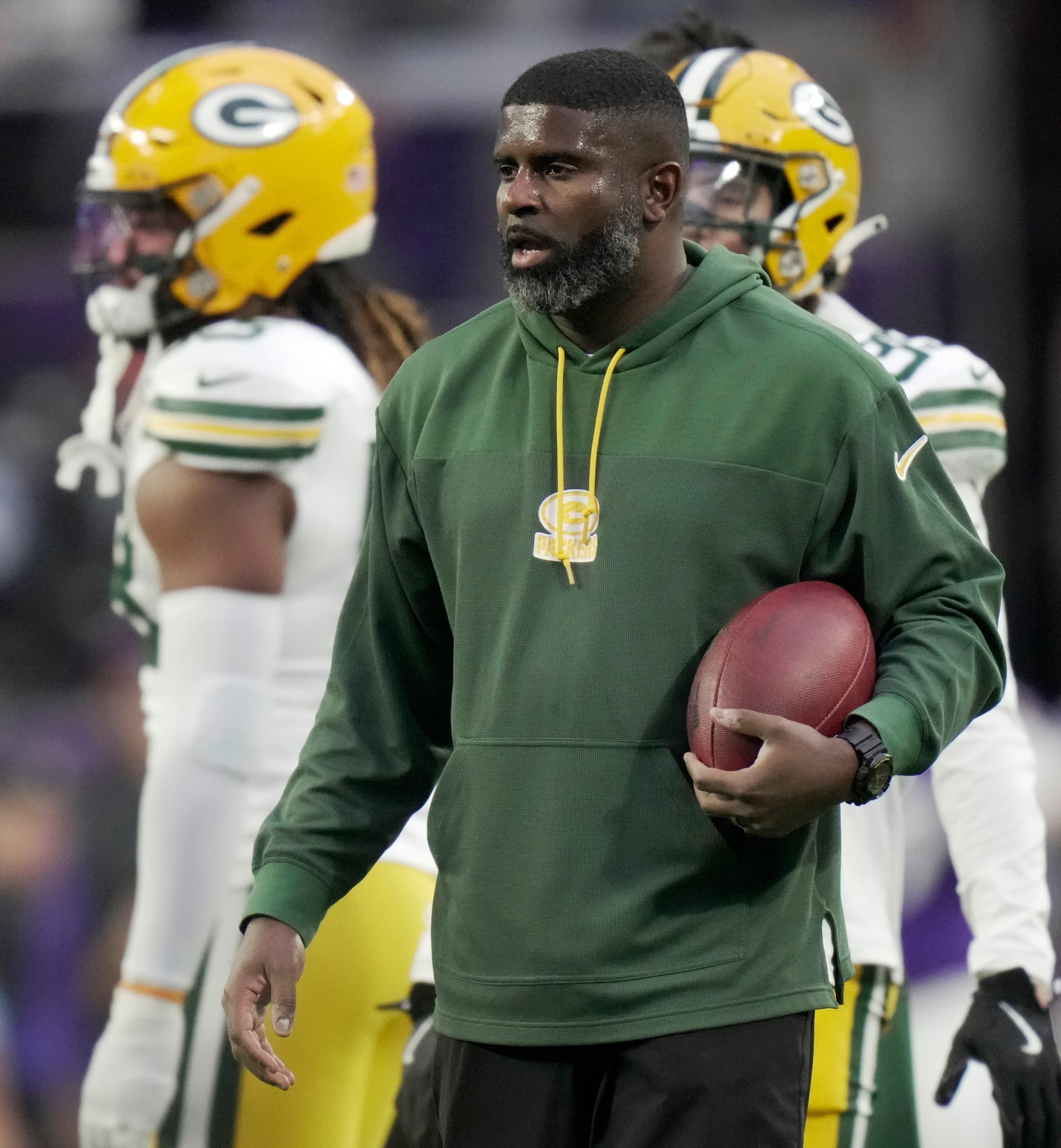 Green Bay Packers passing game coordinator (defense) Derrick Ansley is shown before their game Sunday, December 29, 2024 at U.S. Bank Stadium in Minneapolis, Minnesota. The Minnesota Vikings beat the Green Bay Packers 27-25. © Mark Hoffman/Milwaukee Journal Sentinel / USA TODAY NETWORK via Imagn Images