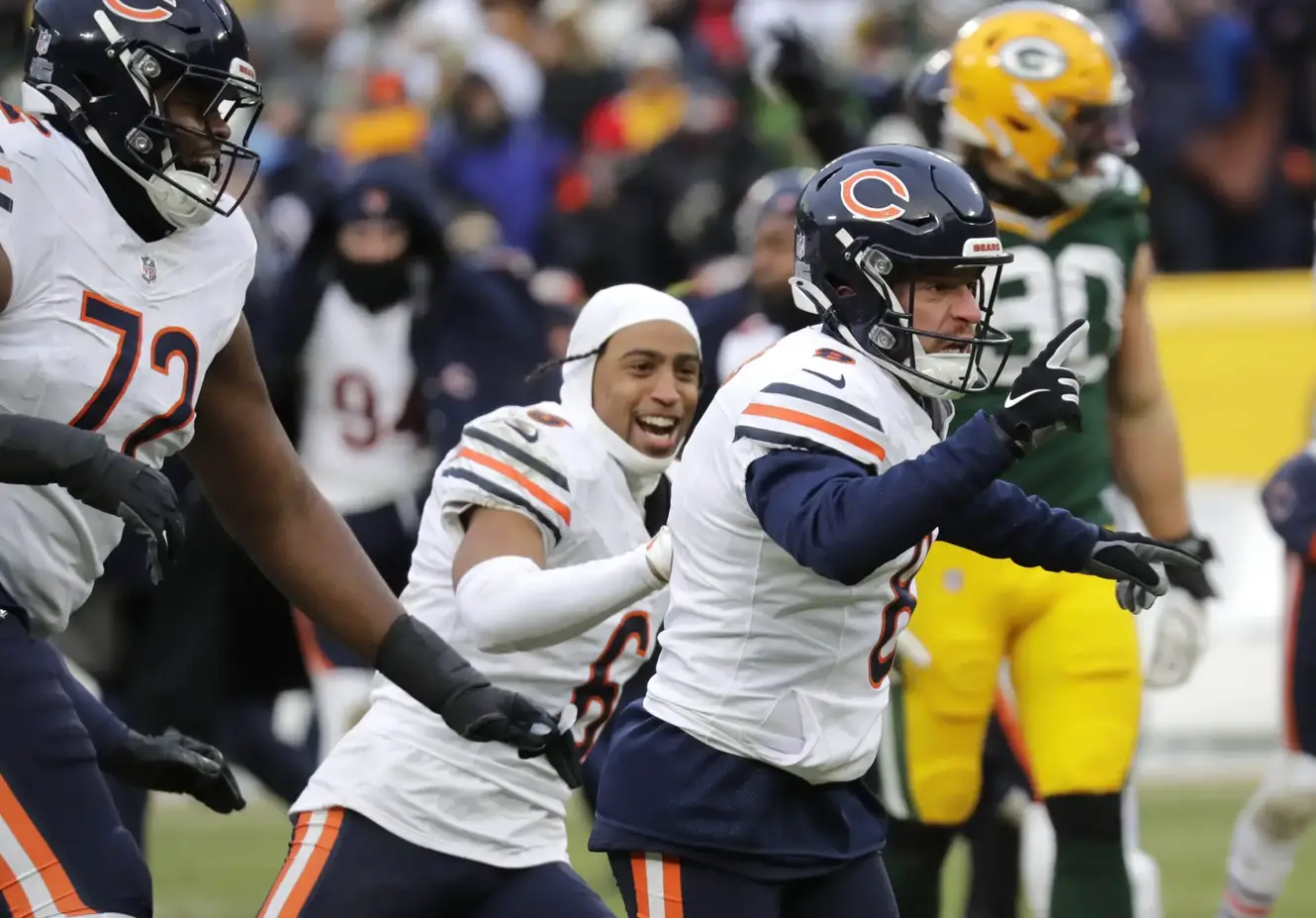 Jan 5, 2025; Green Bay, Wisconsin, USA; Chicago Bears place kicker Cairo Santos (8) celebrates his 51-yard game-winning field goal against the Chicago Bears during their football game Sunday, January 5, 2025 at Lambeau Field. Mandatory Credit: Dan Powers USA TODAY NETWORK-Wisconsin