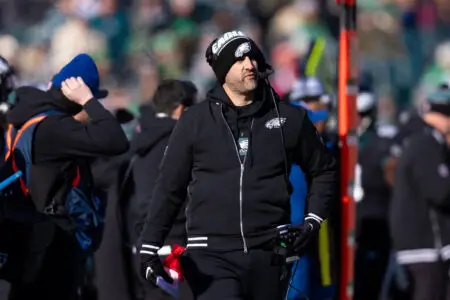 Jan 5, 2025; Philadelphia, Pennsylvania, USA; Philadelphia Eagles head coach Nick Sirianni looks on during the first quarter against the New York Giants at Lincoln Financial Field. Mandatory Credit: Bill Streicher-Imagn Images