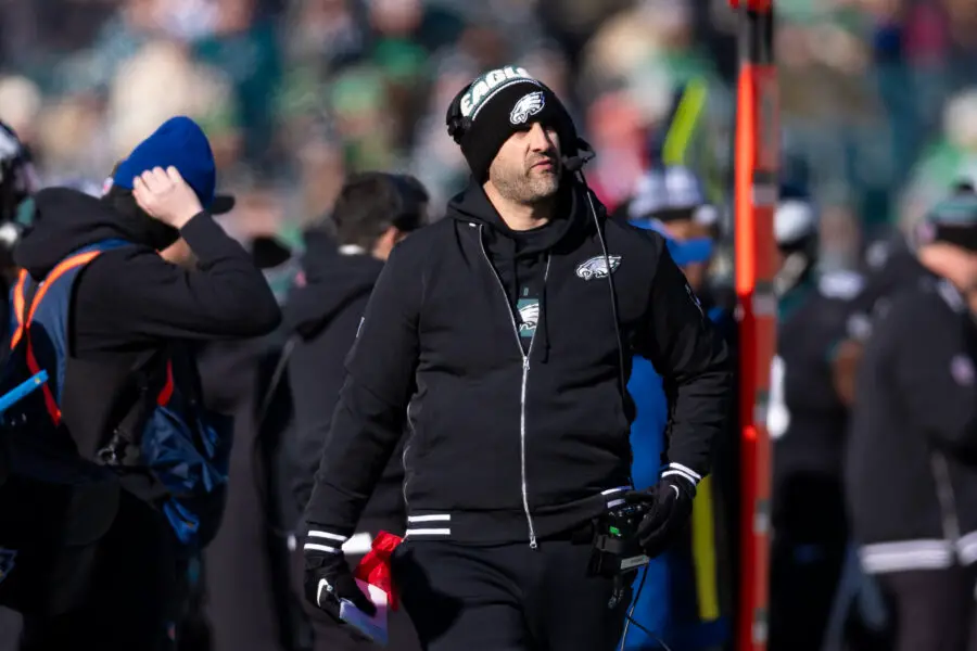 Jan 5, 2025; Philadelphia, Pennsylvania, USA; Philadelphia Eagles head coach Nick Sirianni looks on during the first quarter against the New York Giants at Lincoln Financial Field. Mandatory Credit: Bill Streicher-Imagn Images