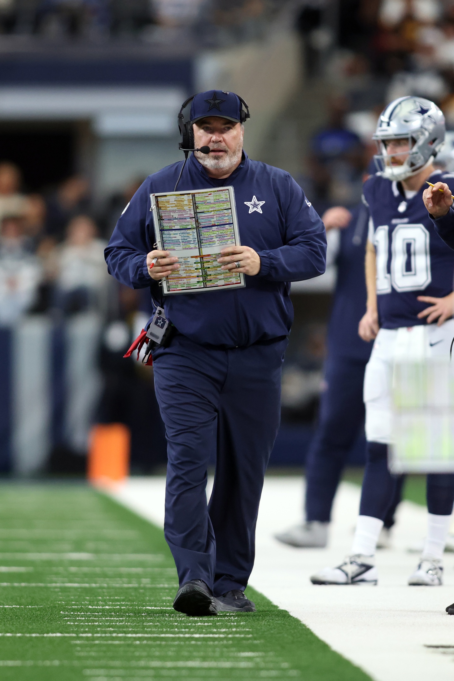 Jan 5, 2025; Arlington, Texas, USA; Dallas Cowboys head coach Mike McCarthy walks on the field during the second half against the Washington Commanders at AT&T Stadium. Mandatory Credit: Tim Heitman-Imagn Images Packers