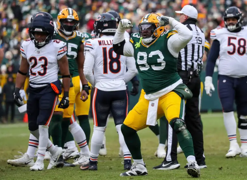 2024 Packers defensive tackle T.J. Slaton (93) flexes after making a tackle for loss against the Chicago Bears on Sunday, January 5, 2025, at Lambeau Field in Green Bay, Wis. Tork Mason/USA TODAY NETWORK-Wisconsin