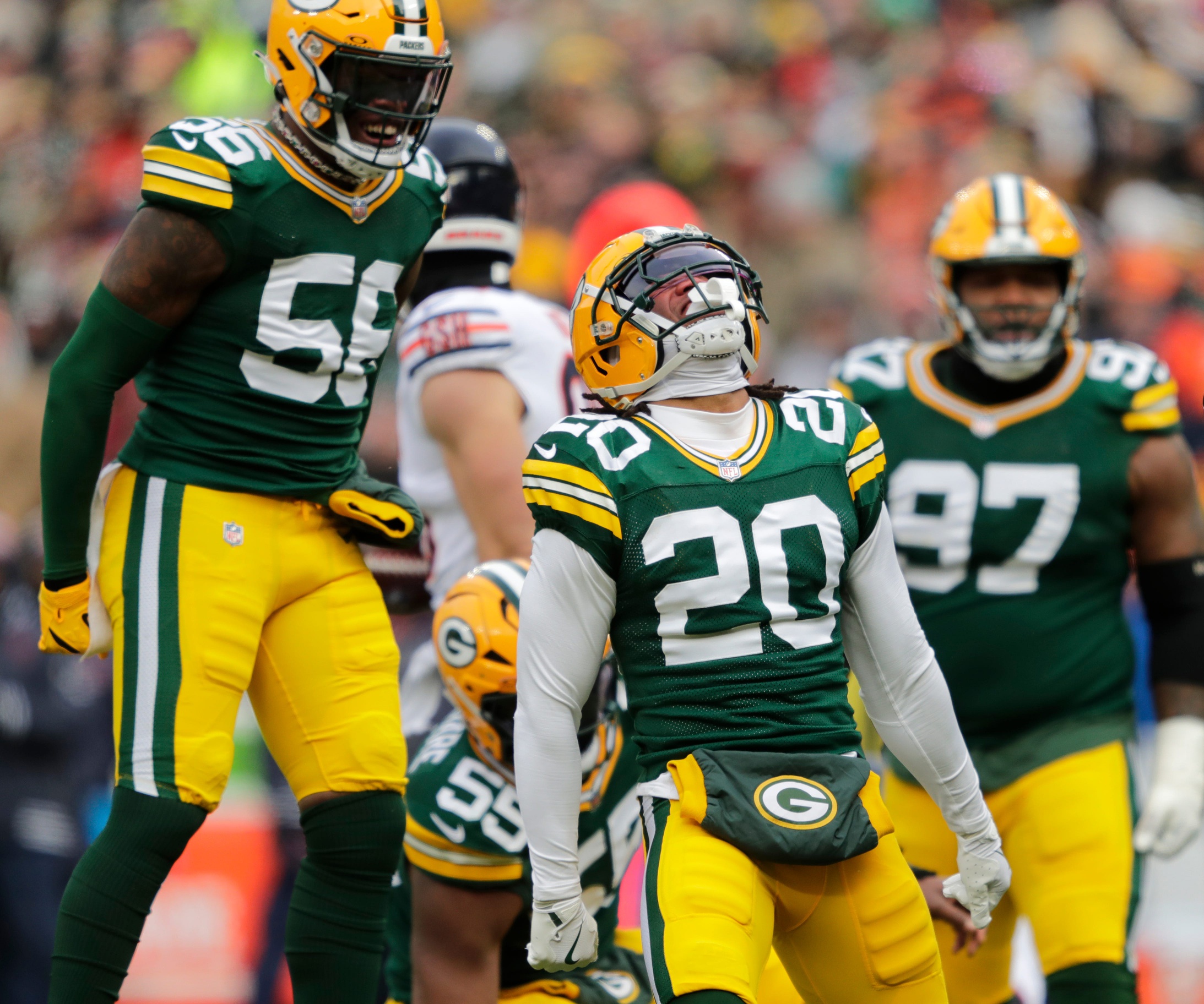 Green Bay Packers safety Javon Bullard (20) celebrates making a tackle against the Chicago Bears during their football game Sunday, January 5, 2025, at Lambeau Field in Green Bay, Wisconsin. © Dan Powers/USA TODAY NETWORK-Wisconsin / USA TODAY NETWORK via Imagn Images