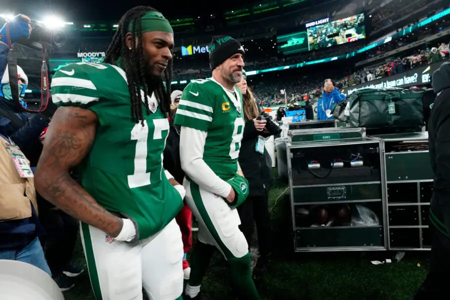 New York Jets wide receiver Davante Adams (17) and New York Jets quarterback Aaron Rodgers (8) are shown as they get ready to step off the field at MetLife Stadium, Sunday January 5, 2025, in East Rutherford. v© Kevin R. Wexler-NorthJersey.com / USA TODAY NETWORK via Imagn Images Packers