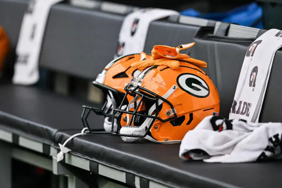 Dec 29, 2024; Minneapolis, Minnesota, USA; A Green Bay Packers helmet sits ready before the game against the Minnesota Vikings at U.S. Bank Stadium. Mandatory Credit: Jeffrey Becker-Imagn Images