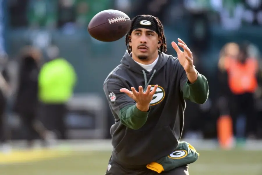 Jan 12, 2025; Philadelphia, Pennsylvania, USA; Green Bay Packers quarterback Jordan Love (10) during warmups against the Philadelphia Eagles in an NFC wild card game at Lincoln Financial Field. Mandatory Credit: Eric Hartline-Imagn Images